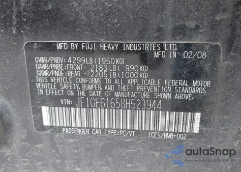 2008 Subaru Impreza 2.5I from USA, damaged, VIN JF1GE61658H523944